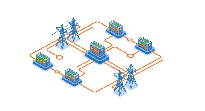Isometric electrical grid network with substations and transformers.