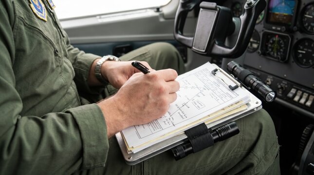Male pilot in uniform filling out a flight checklist on a clipboard inside an airplane cockpit