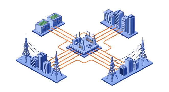 Isometric Electrical Power Distribution Network Illustration.