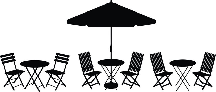 Bistro Patio Furniture Silhouette Set with Folding Chairs Round Tables and Sun Umbrella for Outdoor Cafe and Garden Design