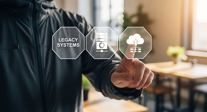 Person touching cloud migration icon for legacy systems modernization