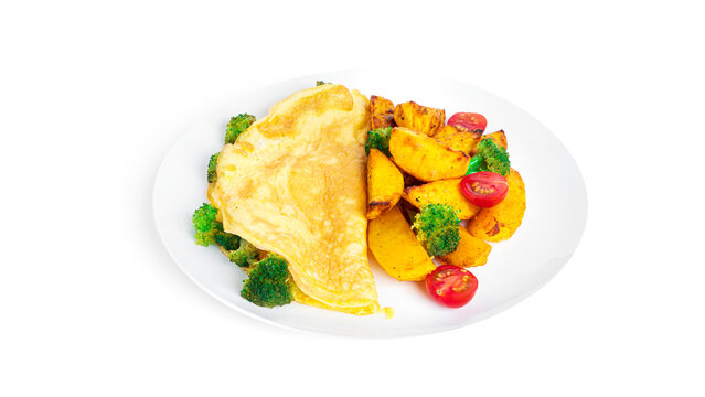 Omelet with broccoli and baked potatoes isolated on a white background.
