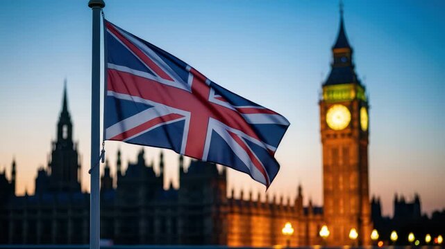 Union Jack Flag Waving in Front of Big Ben and Houses of Parliament at Dusk