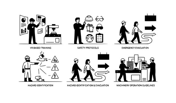 Industrial safety and VR training vector icon set workplace hazard prevention emergency procedures