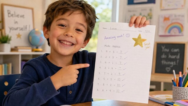 Proud Schoolboy Showing Perfect Math Test with Gold Star Sticker and Positive Teacher Comments in Classroom