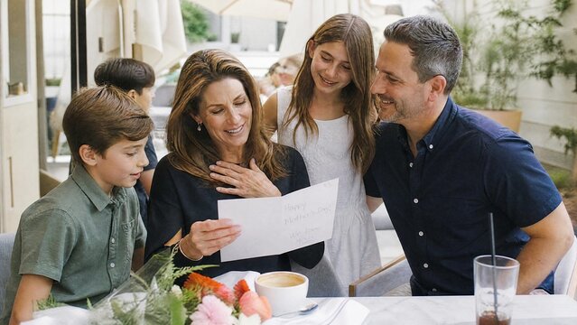 Happy Family Celebrating Mother's Day at Cafe, Surprised Mother Reading Greeting Card from Children and Husband