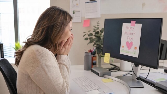 Emotional Woman Surprised by Happy Mother's Day Card Attached to Computer Screen in Office