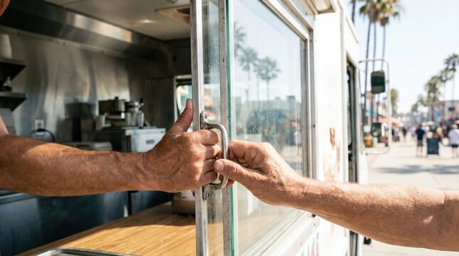 Hands of a food truck vendor sliding open or closing the glass service window of a mobile food cart