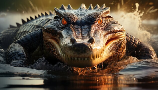 close up of a large alligator emerging from murky water with sharp teeth and orange eyes