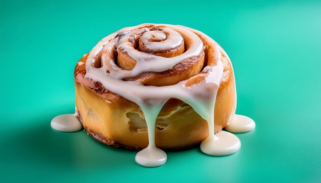 freshly baked cinnamon roll with sweet white icing dripping down sides against mint green background perfect for food marketing