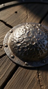 Close up of a hammered metal shield boss on wood