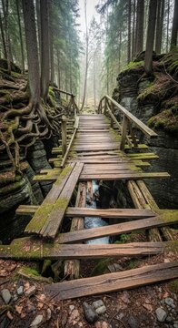 Dilapidated wooden bridge crossing a rocky forest gorge