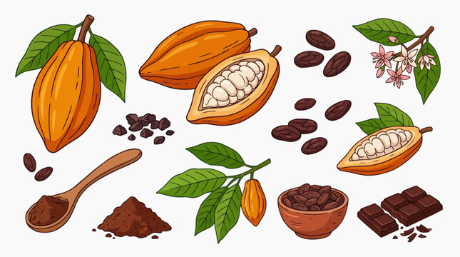Cacao Cocoa Flat Illustration Set, Brazilian Chocolate Bean Pod Elements Vector Collection