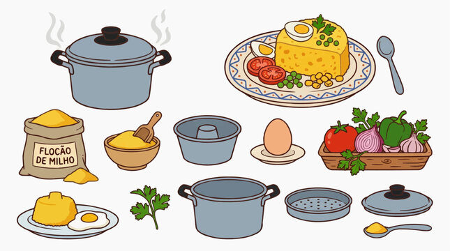 Cuscuz Brazilian Cornmeal Flat Illustration Set, Northeastern Traditional Food Vector Elements