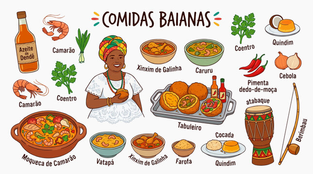 Brazilian Northeastern Food Flat Illustration Set, Bahian Traditional Cuisine Elements Vector