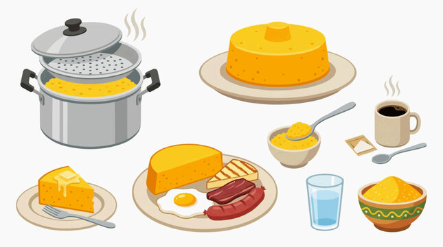 Cuscuz Brazilian Cornmeal Flat Illustration Set, Northeastern Traditional Food Vector Elements