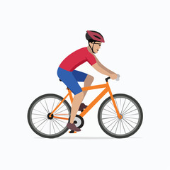 Naklejka premium Athletic man wearing helmet rides a vibrant orange bicycle outdoors