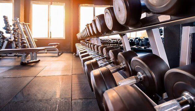 gym interior background of dumbbells on rack in fitness and workout room