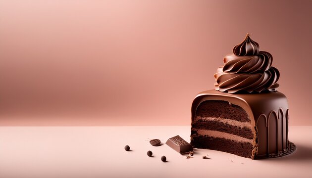 chocolate cake in lower corner on pastel background n minimal composition soft studio lighting large copy space commercial stock image