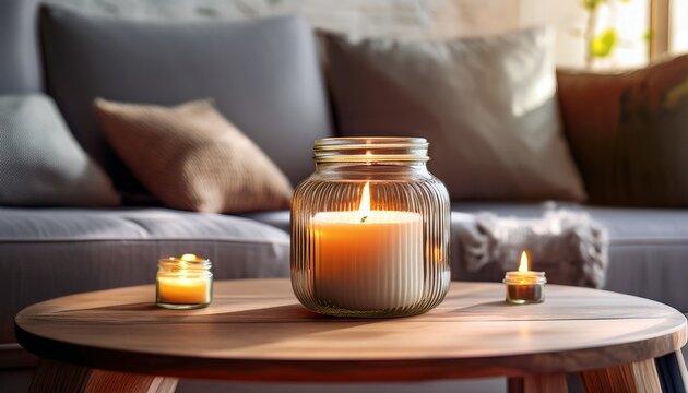 close up of round glass jar with burning candle on rustic wooden coffee table lamp on side table near grey sofa minimalist loft home interior design of modern living room close up of round glass jar