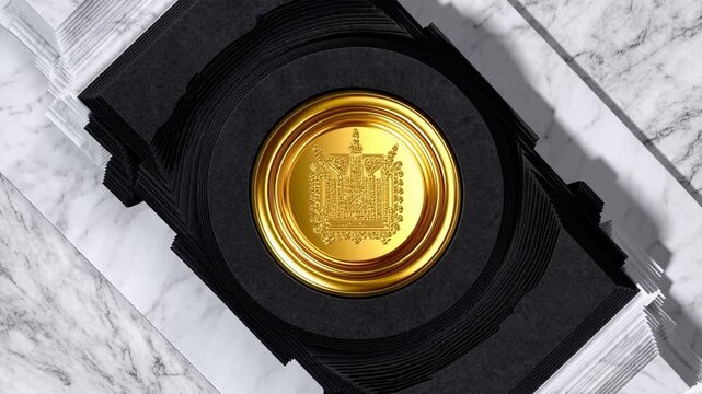 大理石の台座に黄金の紋章リングが結合し発光する3Dプリントの抽象背景