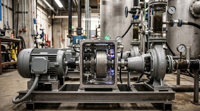 Medium shot of a pump system equipped with an innovative speed changer demonstrating automatic speed ratio adjustments to optimize fluid flow under changing load conditions.