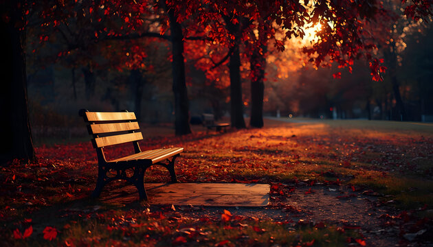 Empty wooden park bench in autumn at sunset with long shadows and fallen red leaves