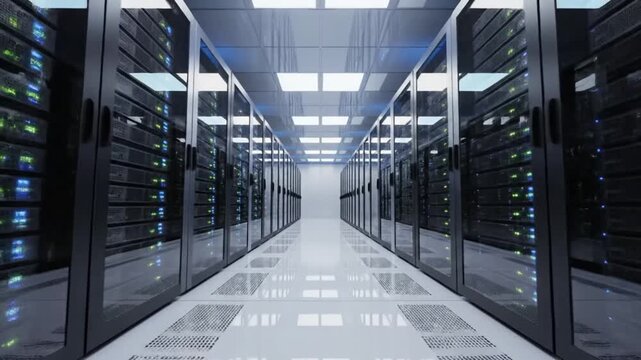 A high-tech data center showcasing rows of server racks densely packed with computing hardware, emphasizing efficiency and data processing capabilities in a well-lit facility.