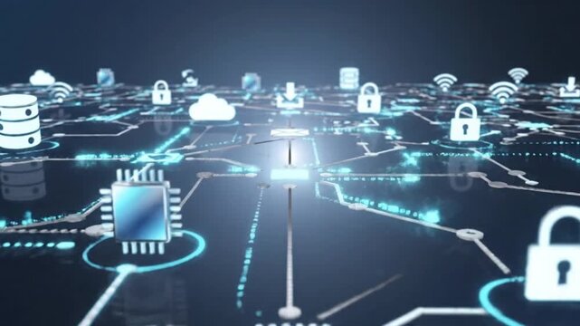 Illustrative representation of a complex digital network showcasing interconnected nodes, data transfer, and cybersecurity. Highlights modern technology, encryption, and secure data pathways in a futu