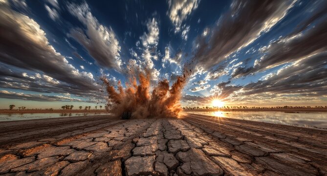 Exploding dust cloud over cracked earth at sunset