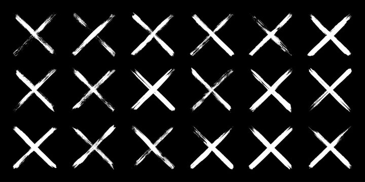 Grunge crosses, brush strokes, x mark, lines, ink smudges, hand-drawn scribble shapes. Handmade sketchy marks, acrylic stains, charcoal streaks. Paint textures, dry brush effect. Vector illustration