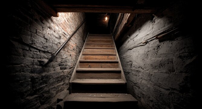 Dark, old basement stairs descend