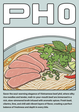 Aesthetic minimalist food poster featuring Vietnamese beef pho with tender beef, rice noodles, and aromatic broth. Topped with fresh herbs, lime, and chili, perfect for restaurant branding and menu de