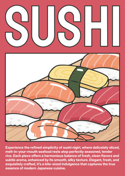 Aesthetic minimalist sushi nigiri food poster featuring a clean modern vector style with Japanese inspiration. Perfect for restaurant branding, menu design, food promotion, and social media visuals.