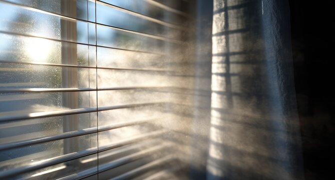 Sunlight streams through blinds and sheer curtains
