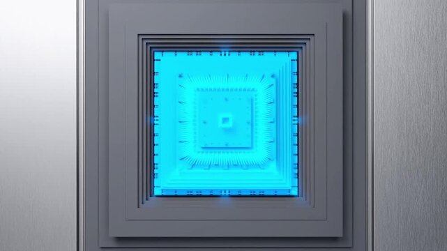 3Dプリントで構築される量子プロセッサとシアン色のチップが結合する抽象背景