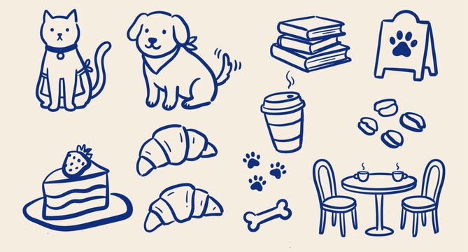 Pet cafe sticker sheet with cat, dog, coffee, cake hand drawn naive doodle vector illustration. Cute food and animal collection. Design elements.