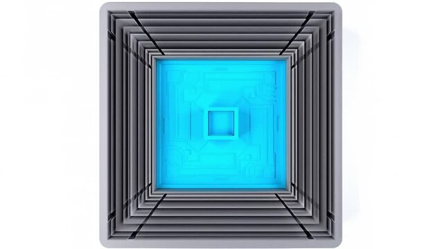 3Dプリントで構築される量子プロセッサとシアン色のチップが結合する抽象背景
