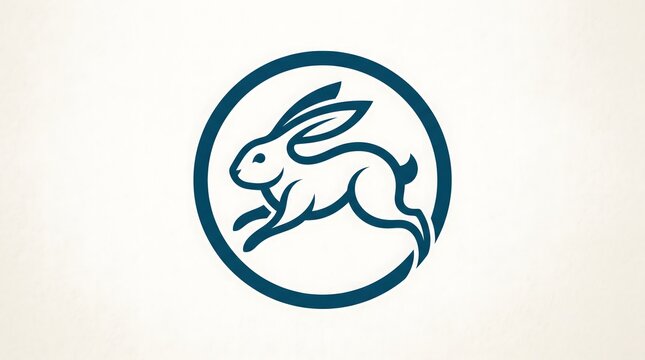  Minimalist vector illustration of a stylized white rabbit jumping or running, enclosed within a blue circular frame