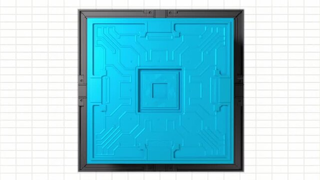 3Dプリントで構築される量子プロセッサとシアン色のチップが結合する抽象背景