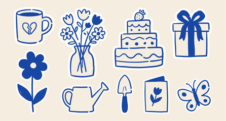 Fototapeta na wymiar Mother’s Day sticker sheet with mug, flowers, cake, gift hand drawn naive doodle vector illustration. Celebration set. Design elements.