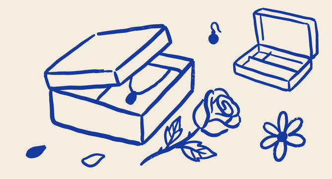 Mother&rsquo;s Day jewelry box with rose hand drawn naive doodle vector illustration. Romantic gift, floral accessory. Packaging design.