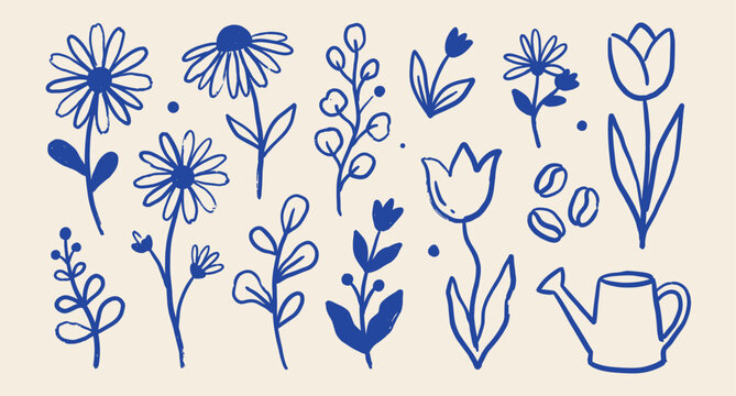 Wildflower element set with daisies, tulips, stems hand drawn naive doodle vector illustration. Floral collection. Design elements.