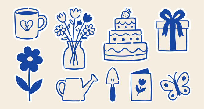 Mother&rsquo;s Day sticker sheet with mug, flowers, cake, gift hand drawn naive doodle vector illustration. Celebration set. Design elements.