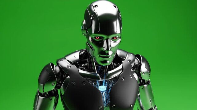 3D animation of a futuristic metallic robot with glowing red eyes and a blue energy core on green screen.