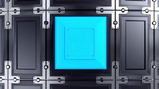 白背景で3Dプリントされる量子プロセッサとシアン色のチップの産業背景