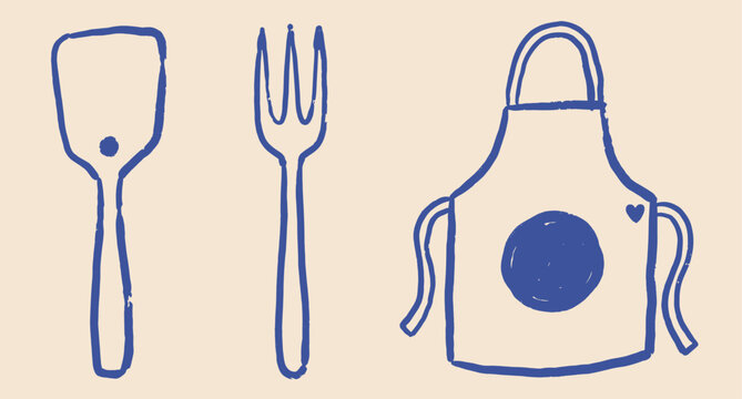 BBQ tools set with spatula, fork, apron hand drawn naive doodle vector illustration. Cooking utensils collection. Design elements.