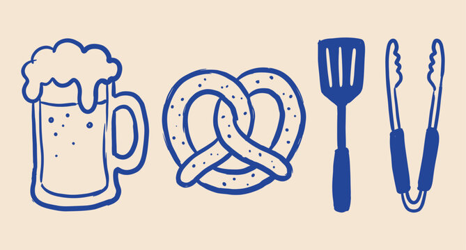 Beer mug with pretzel and grill tools hand drawn naive doodle vector illustration. Pub snack and BBQ theme. Sticker design.
