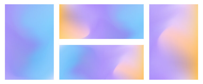 Set of bright abstract liquid vector wavy turquoise, purple and orange mesh gradient backgrounds. Vibrant violet, pink digital watercolor gradation for blurry concept, fluid design, banner
