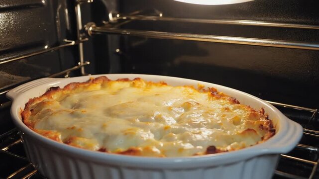 Casserole baking inside oven close view
